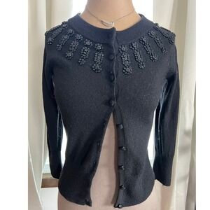 Black Beaded retro Cardigan Fine Merino womens party small dressy elegant